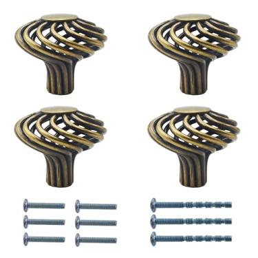 Imagem de AUXBC 6 peças puxadores redondos de armário de gaiola de pássaro 4,6 cm de diâmetro ferro bronze antigo puxador de gaveta de furo único com parafusos de montagem para armário de cozinha armário móveis