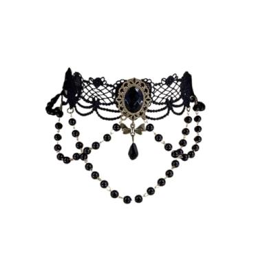 Imagem de Elegante colar gargantilha de renda gótica rosa Halloween vintage colares de pérolas Halloween vitoriana Lolita acessórios para fantasia de casamento nupcial, Small, Zinco, Sem Pedra Preciosa