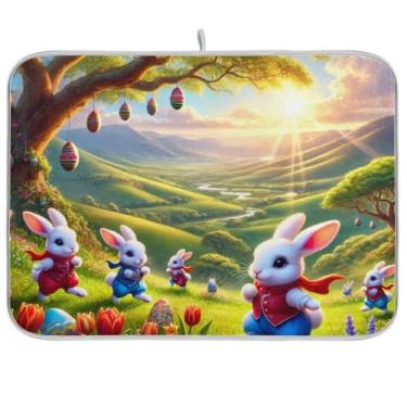Imagem de Tapete de secagem de pratos verde coelhinhos da Páscoa 45,7 cm x 61 cm, tapete de escorredor de pratos de secagem rápida, tapete resistente ao calor