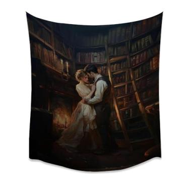 Imagem de Vintage Romântico Biblioteca Casal Embrace Tapeçaria Dark Academia Firelight Victorian Ladder Books Wall Hanging Art Aconchegante Sala de Estudo Decoração de Quarto Para Amantes de Livros Branco 102 x