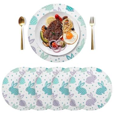 Imagem de Conjunto de 6 tapetes de mesa de PVC duráveis brancos de bolinhas coelhinhos de 38 cm, laváveis, jogo americano de festa de chá