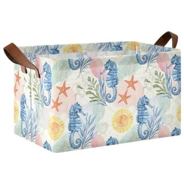 Imagem de Organizador de roupas para armazenamento decorativo, organizadores de brinquedos grandes e caixas de armazenamento com alças, cestas organizadoras, cavalos-marinhos azuis, pacote com 2