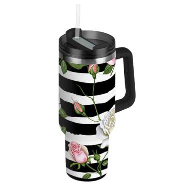 Imagem de Copos listrados rosa branco rosa rosa preto branco com tampas e canudo garrafa de água de aço inoxidável isolado 1,134 g copo com alça copos de café quente à prova de derramamento para carro