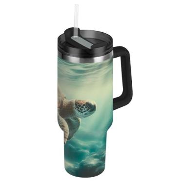 Imagem de Joisal Copos com tampas e canudo vintage tartaruga marinha do oceano copo 1,134 g com alça impressão garrafas de água isoladas carros de aço inoxidável caneca de café bebida quente