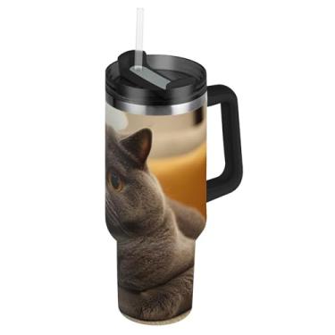 Imagem de Joisal Chubby British Shorthair Print Tumblers com tampa e canudo à prova de vazamento copo de 850 g com alça garrafa de água isolada carros de aço inoxidável caneca de café bebida quente