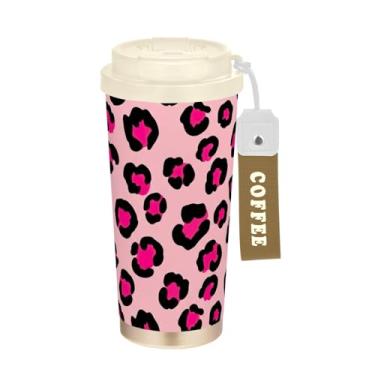 Imagem de TSENQUE Copo de café de 473 ml, copo de café com revestimento cerâmico com tampa e palha, copo isolado a vácuo de aço inoxidável, manchas de leopardo preto rosa