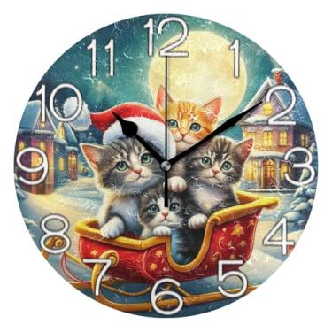 Imagem de GAIGEO Relógio de parede analógico decorativo para sala de aula, relógio de escritório, redondo, sem tique-taque, silencioso, retrô, moderno, art déco, decoração de parede, gatinho, gato, neve