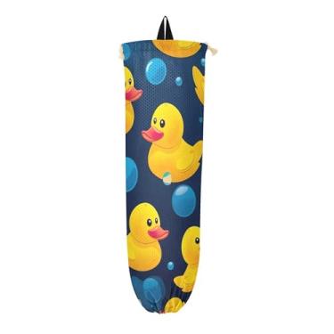 Imagem de Muitos patos de borracha em um suporte de saco de plástico azul, organizador de sacos para armazenamento de sacolas plásticas de cozinha, dispensador de sacolas para sacolas de compras