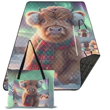 Imagem de TSENQUE Tapete de Natal Highland Vaca Bezerro Bonito Tapete de Piquenique Tapete de Praia Dobrável Livre de Areia Impermeável Grande Tapete para Atividades ao Ar Livre Cobertor de Camping 299,7 cm x