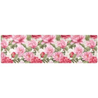 Imagem de Caminho de mesa longo floral peônia rosa e verde, almofada de mesa isolada, decoração de mesa