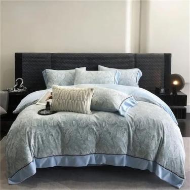 Imagem de Conjunto de cama tamanho Queen, roupa de cama macia para o inverno, capa de edredom, lençóis de casal, edredom com borda larga, azul, lençol de baixo com elástico de 1,5 m.