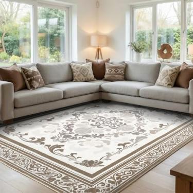 Imagem de SOULFUL Tapetes de pelo médio 10 x 15 cm para sala de estar – Tapete macio com sensação de pé – Marrom Boho Floral – Lavável Antiderrapante – Perfeito para o quarto das crianças embaixo da mesa de