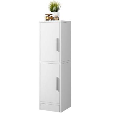 Imagem de IBUYKE Armário de armazenamento de banheiro pequeno, armário de canto de piso estreito com 2 portas e prateleira ajustável, organizador de banheiro pequeno, solução de armazenamento para vaso