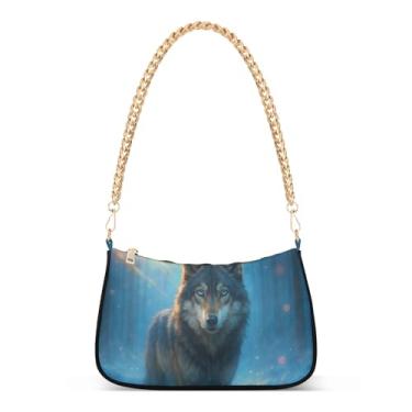 Imagem de Bolsa de ombro com corrente azul marrom lobo de desenho animado, bolsa de mão artística Hobo para mulheres, bolsa moderna com grande capacidade