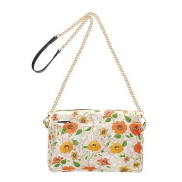 Imagem de Joitme Bolsa feminina transversal floral laranja flores amarelas bolsa para celular bolsa de couro PU bolsa de ombro alça de corrente