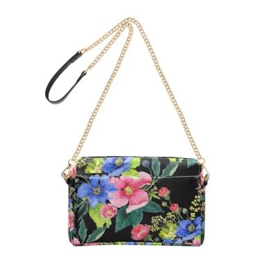 Imagem de Joitme Bolsa feminina preta colorida floral aquarela bolsa tiracolo para celular linda alça de corrente bolsa de ombro de couro PU