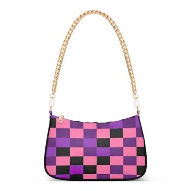 Imagem de Bolsa de ombro de corrente colorida xadrez rosa roxa, bolsa feminina Hobo média, bolsa clutch moderna para todos os dias e à noite