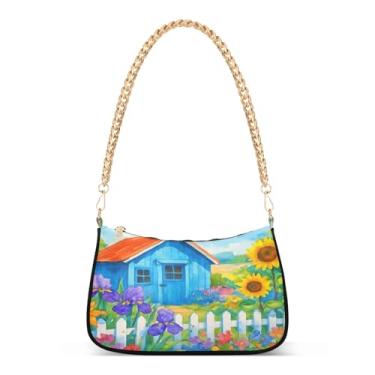 Imagem de Bolsa de ombro vintage floral roxa amarela para jardim, bolsa de mão Hobo artística para mulheres, bolsa média com alça removível