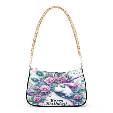 Imagem de Bolsa de ombro extravagante de unicórnio roxo com corrente de desenho animado Hobo com estampa artística para mulheres, bolsa de festa de aniversário à noite