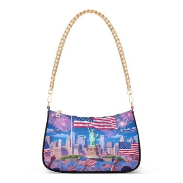 Imagem de Bolsa de ombro com corrente de fogos de artifício com bandeira americana, bolsa Hobo com estampa patriótica para mulheres, bolsa clutch versátil