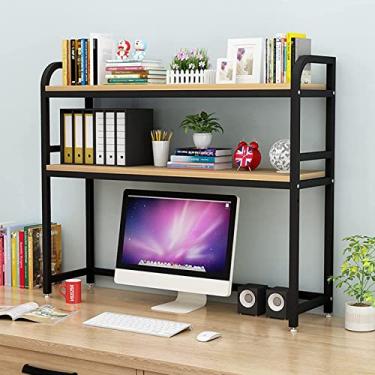 Imagem de Estante de mesa de 2 camadas para mesa de computador - estante de mesa de computador de madeira e metal, organizador de prateleiras de mesa ajustável, prateleira de exibição de armazenamento aberta