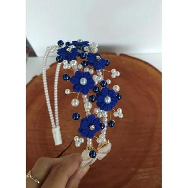 Imagem de Tiara Jardim Encantado com Flores Borboleta e Pérolas (Azul Royal e off)