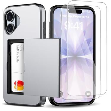 Imagem de Benbenjaytek Capa carteira para iPhone 17 com suporte para cartão + 2 protetores de tela de vidro temperado à prova de choque com compartimento oculto para cartão, capa fina feminina e masculina para