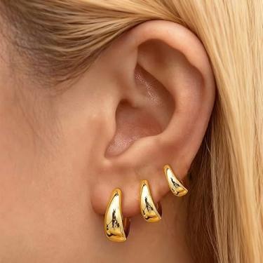 Imagem de Conjunto de 3 pares de brincos de argola de ouro para mulheres, joias modernas grossas e delicadas para mulheres