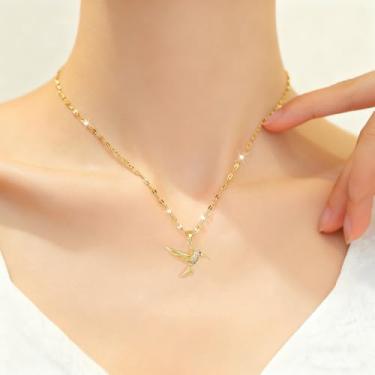 Imagem de Colar feminino com pingente de pássaro voador de cristal, banhado a ouro, zircônia cúbica, beija-flor, animal, gargantilha ajustável, elegante, joia de aniversário de casamento, 45,7 cm