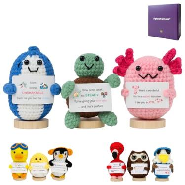 Imagem de 3-PCS | Ocean Explorer Crochet Set | Shark Axolotl Turtle Positive Plush | Handmade Aquatic Animal Stuffed Toys with Wooden Stand & Adventure Cards | Marine Protector Gift Collection for Teens Adults