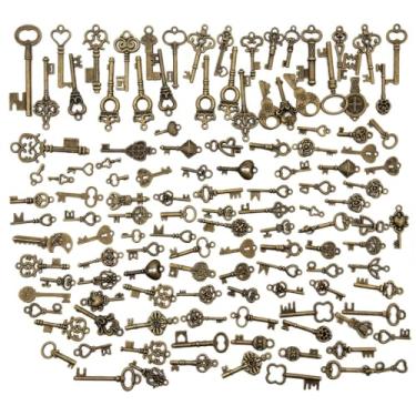 Imagem de GLYIKAY 125 peças mini conjuntos de chaves de esqueleto vintage, latão de bronze estilo antigo misto para festa de casamento, lembrancinhas de joias DIY e Harry Potter (tamanho das unhas)