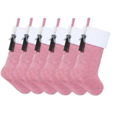Imagem de Shgngle Meia de Natal acolchoada de veludo rosa, meias suspensas para lareira de 49,5 cm com etiquetas de madeira em branco, nome DIY, decorações de férias em família e presente de Natal - 6 peças