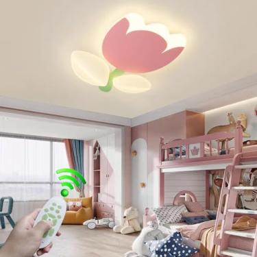 Imagem de Luminária de teto regulável com design criativo em formato de flor, cúpula de acrílico rosa, estilo medieval, para quarto, 3000k-6000K, com controle remoto, ideal para sala de estar, sala de
