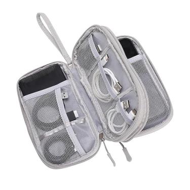 Imagem de Bolsa organizadora de cabos de viagem, bolsa organizadora dupla, portátil, impermeável, para cabos, carregador, celular, cartão SD, cabos, fone de ouvido, cinza claro