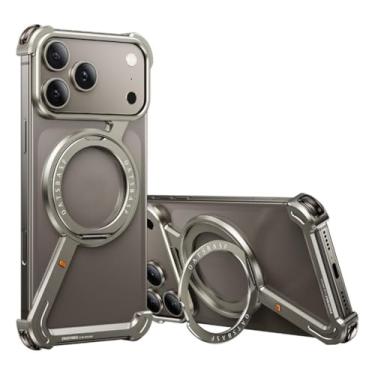 Imagem de Genérico Capa de metal para iPhone 17/17 Air/17 Pro/17 Pro MAX, com suporte de anel de rotação, capa à prova de impactos, capa magnética fina sem moldura para telemóvel (Gray, 17 Pro)