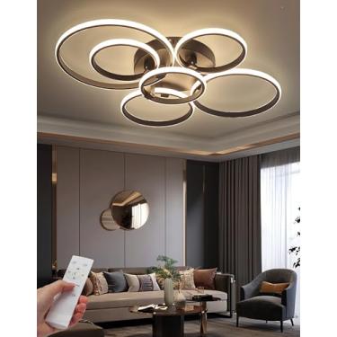Imagem de Luminária de teto LED moderna para sala de estar, com anéis reguláveis e controle remoto. Luminária de teto embutida para sala de estar, quarto e sala de visitas (preta, 6 anéis).