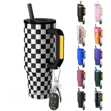 Imagem de Thicc Buddy - Copo de aço inoxidável isolado a vácuo de 1,134 g com tampa e canudo para água - Caneca de viagem compatível com porta-copos - presentes para mulheres e homens Ele Ela (xadrez preto e