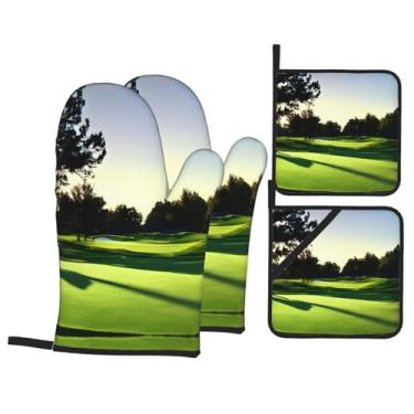 Imagem de Luvas de cozinha resistentes ao calor e suporte de panela com estampa de campo de golfe, luvas de forno confortáveis para cozinhar