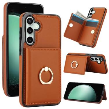 Imagem de Capa carteira para Samsung Galaxy S24 FE de 6,7 polegadas com suporte para cartão, capa de couro com bloqueio RFID, suporte de anel giratório de 360° com fecho magnético à prova de choque (marrom)