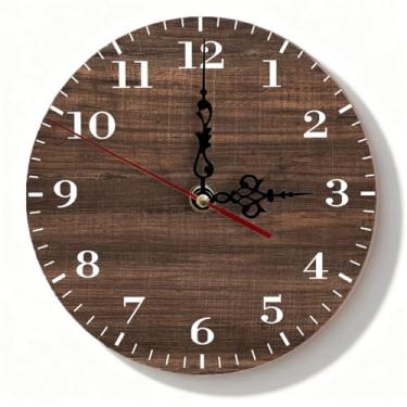 Imagem de Relógio de parede de madeira, silencioso, sem tique-taque, operado por bateria – Design marrom rústico para sala de estar, cozinha, quarto, 18 cm