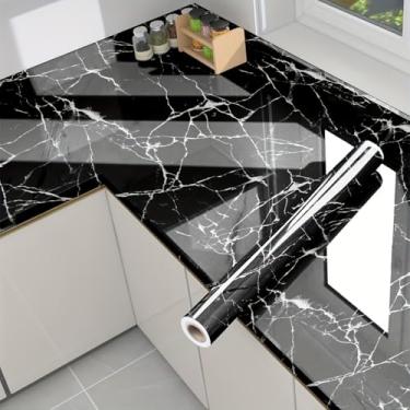 Imagem de Papel de parede autoadesivo Marble Contact Peel and Stick Rolo de 30 cm x 3 m para bancadas, armários, backsplash, prateleiras, mesas, preto