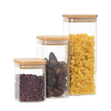 Imagem de Kit 5 Potes Organizadores de Plástico com Tampa de Bambu em 4 Tamanhos 1700ML 1200ML 800ML 500ML para Cozinha e Despensa