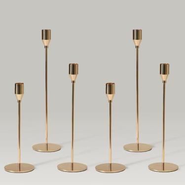 Imagem de Pickood Conjunto de 6 castiçais altos cônicos, castiçais finos longos dourados franceses de luxo (alturas: 9/11/13 polegadas), base antiderrapante de ferro pesado para mesa de manto de lareira