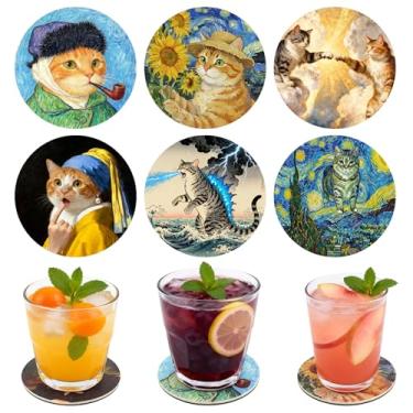Imagem de FUYAHA 6 peças de porta-copos de gato engraçados meme porta-copos absorventes para mesa, casa e cozinha, porta-copos redondos para mulheres amantes de gatos