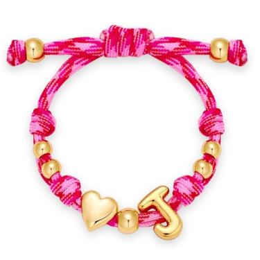 Imagem de HolidayQbee Pulseira feminina com inicial bolha banhada a ouro 14 K delicada, com letra de bolha, inicial, coração, personalizada, feita à mão, ajustável, joias, presentes para o Dia dos Namorados