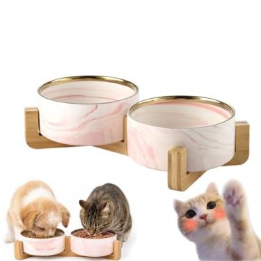 Imagem de Tigela de cerâmica para cães e gatos com suporte, tigelas modernas de cerâmica com efeito de pedra com suporte de bambu antiderrapante para cães pequenos e médios, design de mármore moderno, seguro