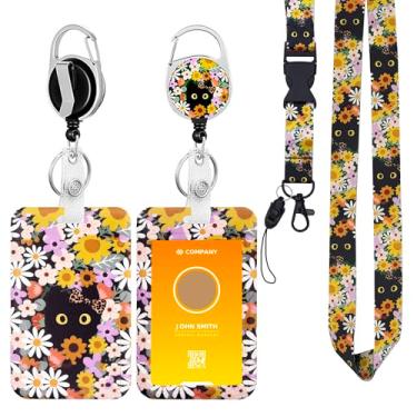 Imagem de Porta-crachá de identificação com clipe retrátil e cordão lindo chaveiro de flor de gato preto para professores de enfermagem, estudantes, funcionários de escritório (D)