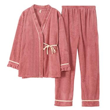 Imagem de Pijama feminino quimono flanela conjunto de pijama grosso inverno pijama feminino quente pijama solto tamanho grande roupa de casa (4 médio)