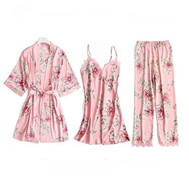 Imagem de HHHJQFAAT Pijama feminino 3 peças floral acabamento em renda cetim conjunto de pijama com roupão decote em V vestido de dormir G azul marinho B (preto c)