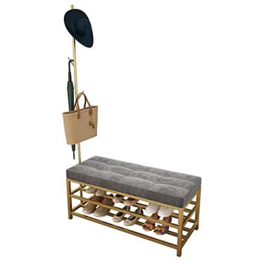 Imagem de Sapateira para banco de sapatos de entrada, sapateira com prateleira de malha, banco de armazenamento longo com almofada acolchoada, organizador de sapatos de metal com cabideiro, entrada sala de